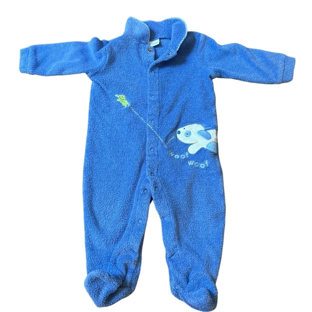 Carter's Footed Sleeper‎ Baby Blue Dog Frog Fleece Snap Up Pajamas SIZE 6-9M